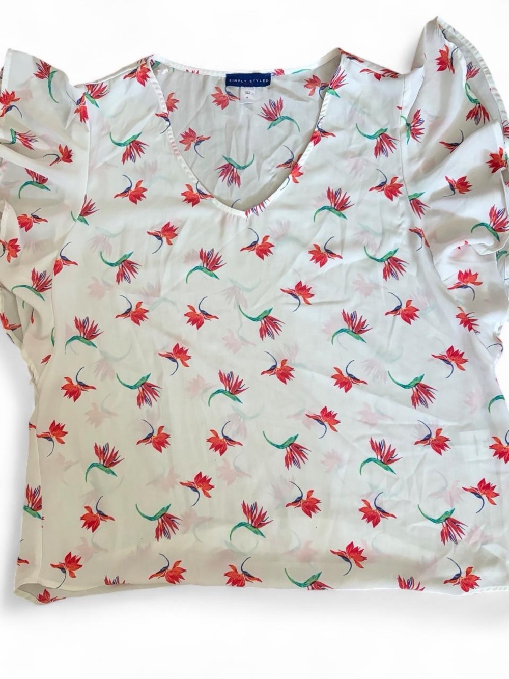 Simply Styled White Floral Flutter-Sleeve Top Sz XL